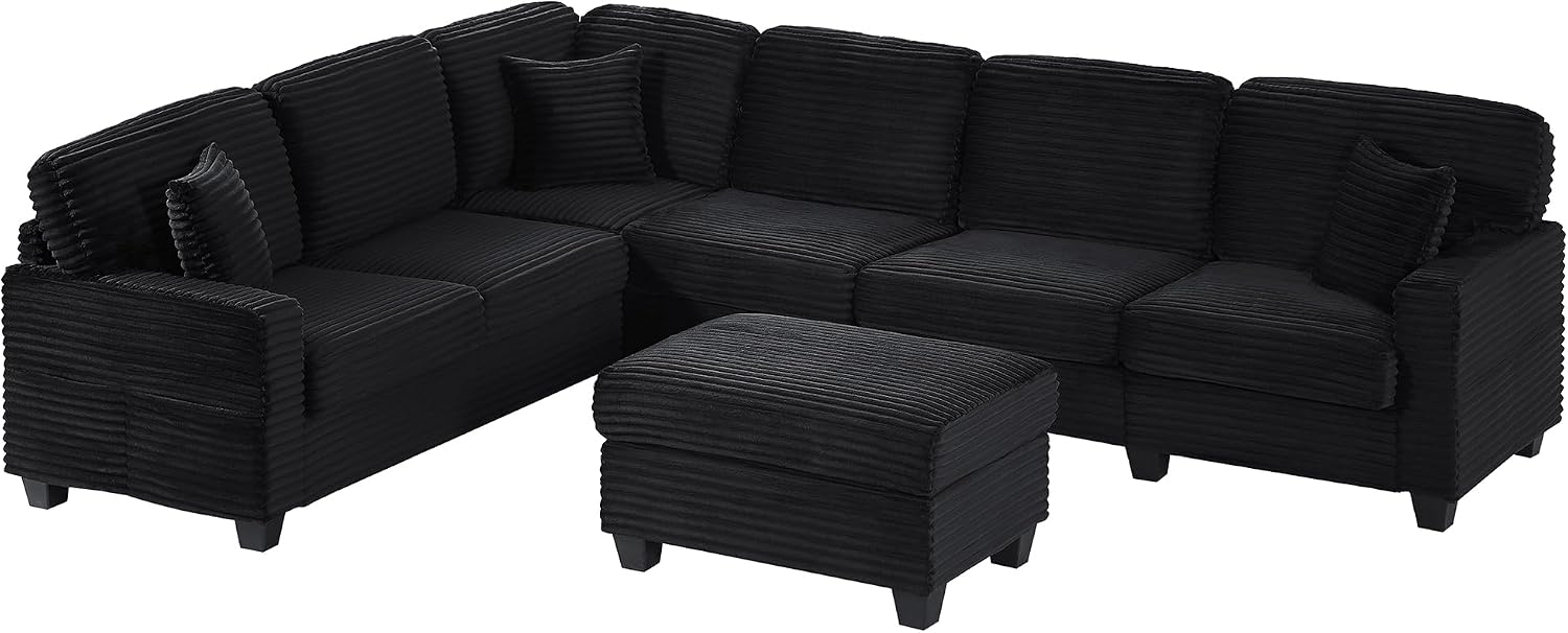 125.2' Sectional Sofa U-Shaped Upholstered Sofa L-Shaped Couch with a Movable Ottoman and Side Storage Pockets for Living Room, Black