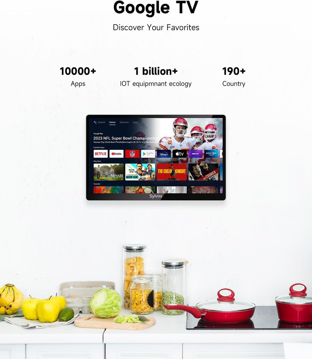 SYLVOX 15.6' Kitchen TV, 1080P FHD Under Cabinet TV with App Store, Voice Assistant, Chromecast, 12-Volt for Small Spaces, Kitchen, Bedroom, RV - Fits Tight Cabinets