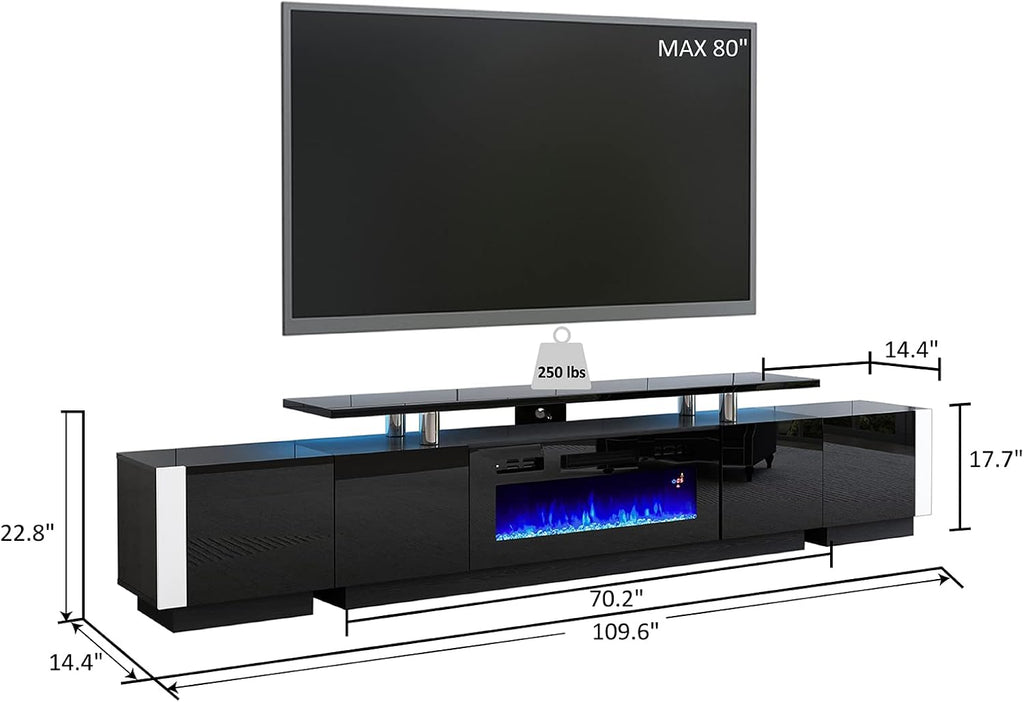 AMERLIFE 110' Large Fireplace TV Stand Set with 36' Electric Fireplace, Includes 70' 2-Tier Fireplace TV Stand, 2 x End Tables, Modern High Gloss TV Console with LED Light for Living Room, Black