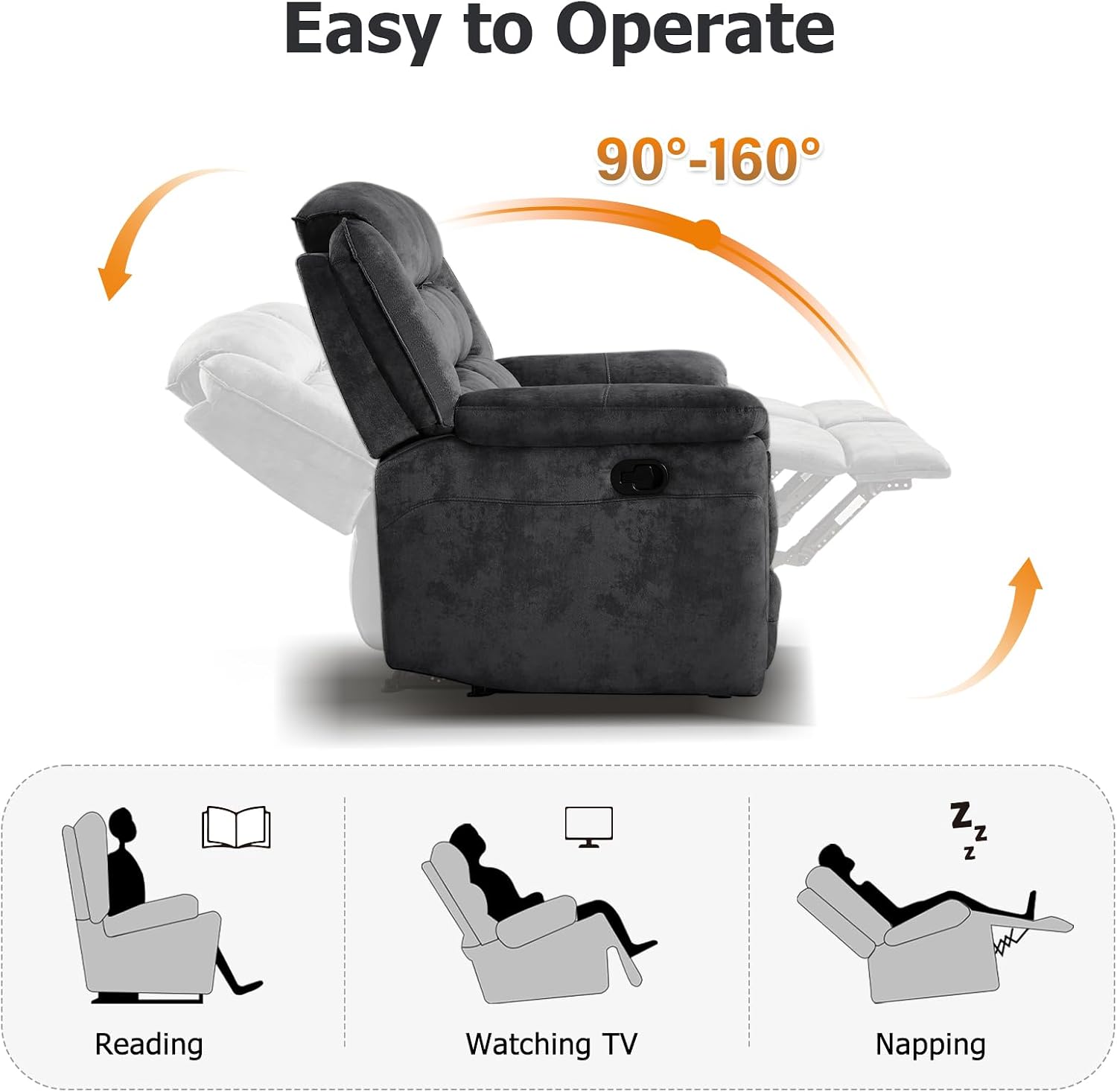 EBELLO 3 Pieces Reclining Living Room Set, Soft Fabric Manual Recliner Sofa Furniture Set, Includes 2 Overstuffed Recliner Chairs and one 3 Seat Sofa, Grey