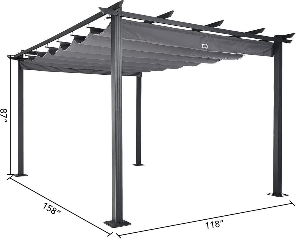 HAPPATIO 10' X 13' Outdoor Retractable Pergola Canopy for Deck, Backyard, Patio, Aluminum Pergola with Sun Canopy, Includes Ground Studs and Expansion Screws (Grey)