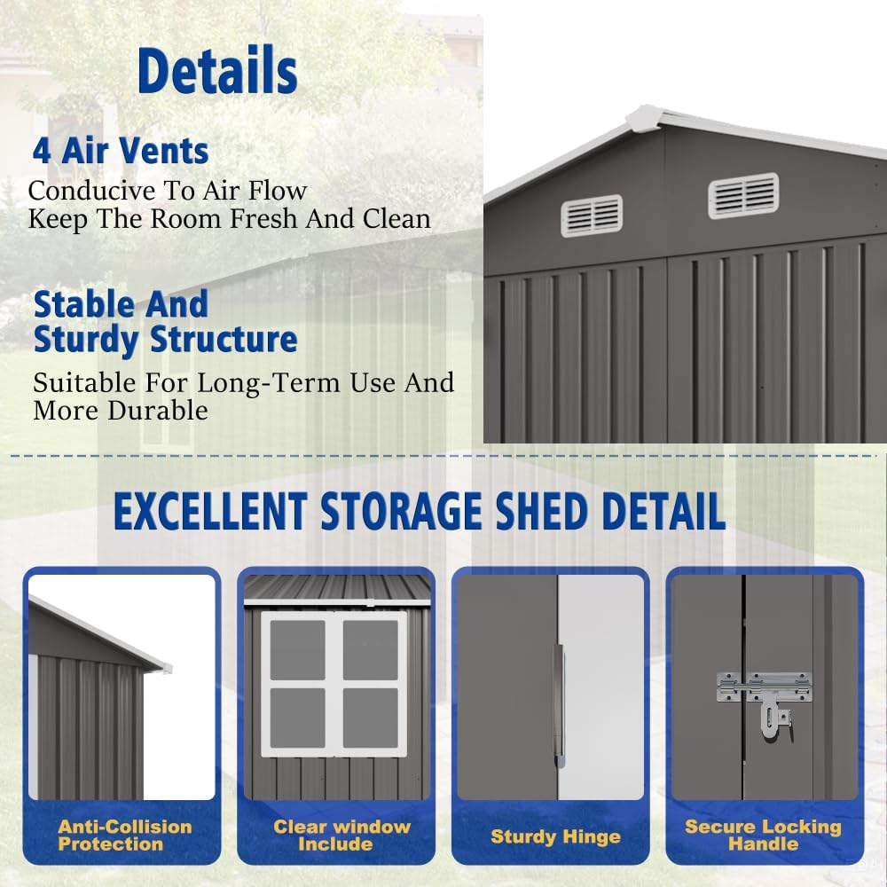 10 x 8 FT Outdoor Storage Shed with Lockable Doors, Metal Garden Tool Shed with Air Vent & Clear Window, Large Utility Storage for Lawn Equipment, Bicycles, Patio & Backyard - Gray