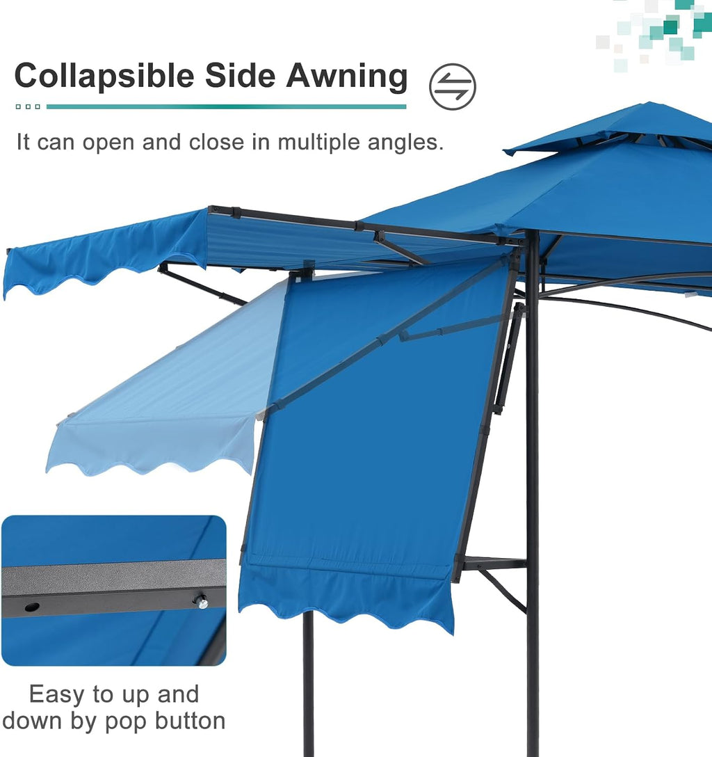 COBANA Grill Gazebo 8'x 5' Outdoor Patio Backyard BBQ Grill Shelter with Side Awning, Double Tiered Soft Canopy Top with Steel Frame and Bar Counters, Blue