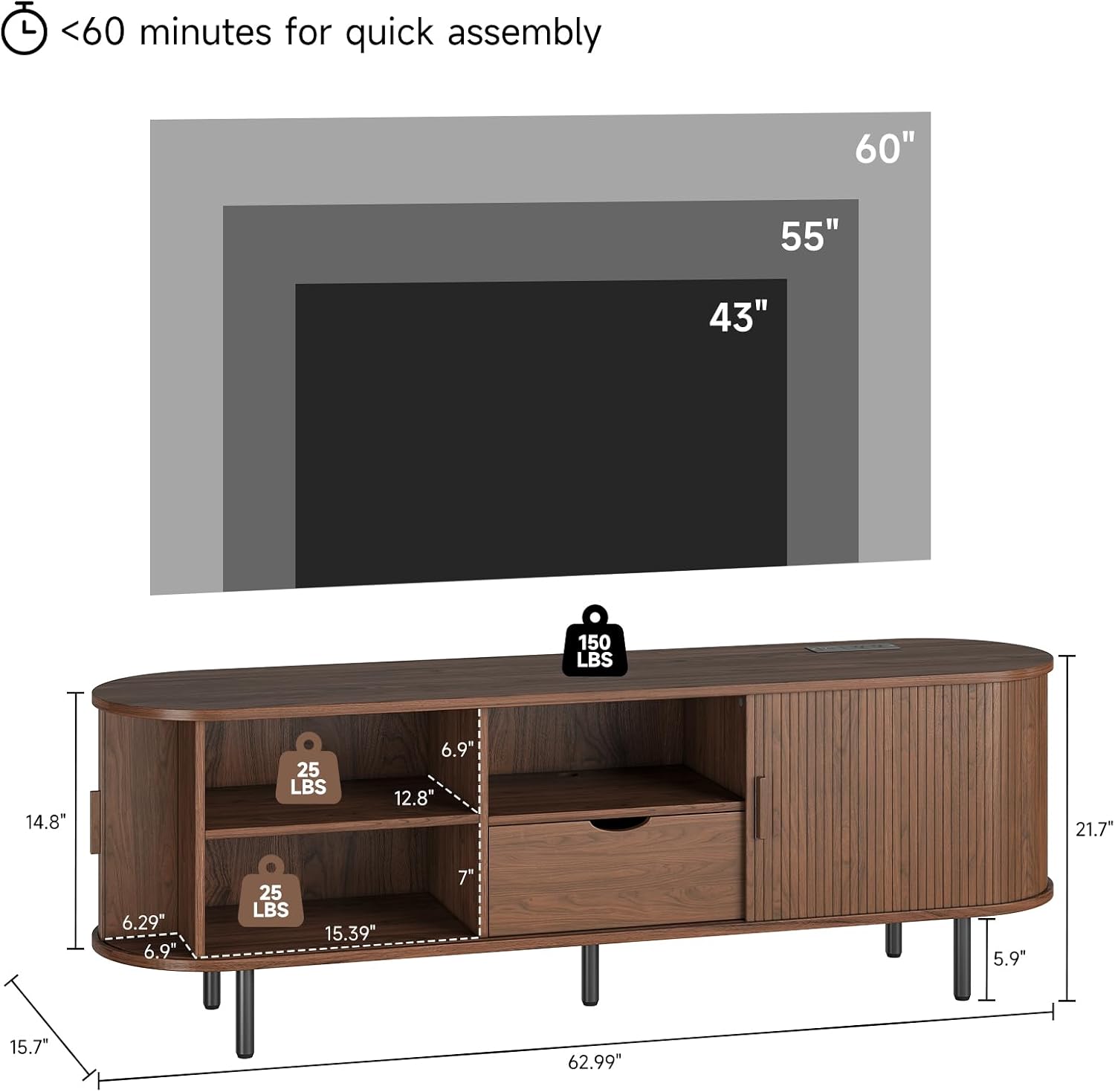 63' Mid-Century TV Stand with Power Outlet, Fluted Entertainment Center with Storage and Drawer, TV Console with Sliding Door and Adjustable Shelves, TV Stand up to 80' for Living Room, Walnut