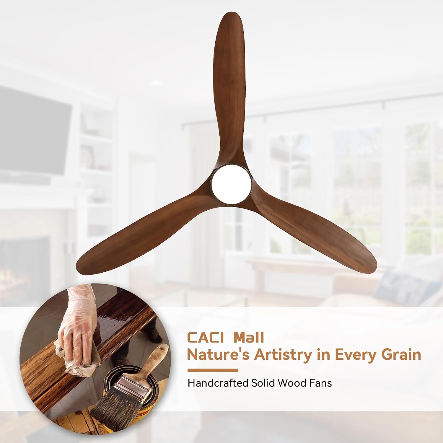 CACI Mall 60 Inch Solid Wood Ceiling Fan with Light, Outdoor for Covered Patios, Remote Control, 3 Walnut Blades, Dimmable, Noiseless, for Living Room, Gazebo, Farmhouse