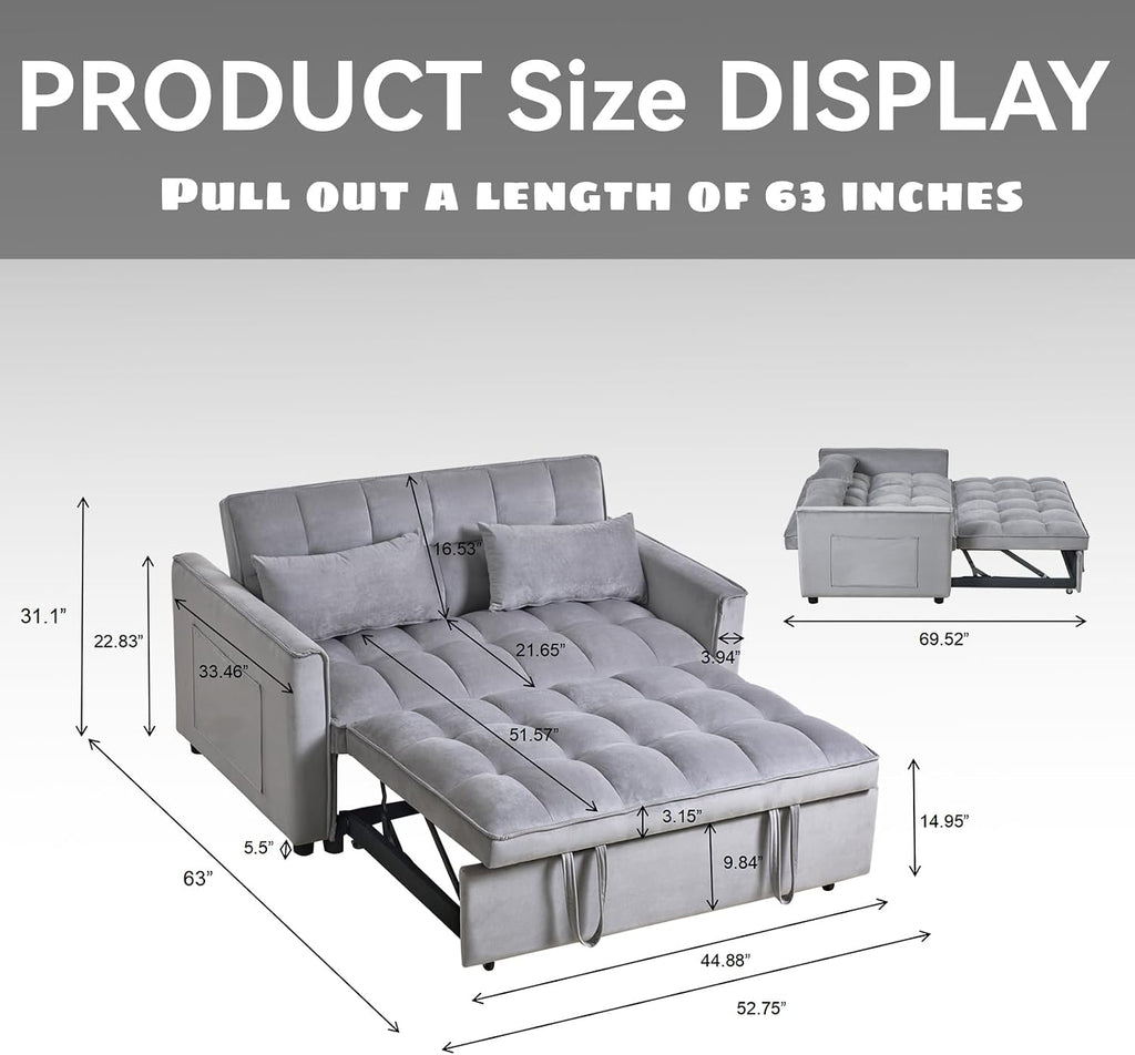 3-in-1 Convertible Sleeper Sofa Bed, 63' Modern Pull Out Couch with Adjustable Reclining Backrest - Velvet Fabric Loveseat for Living Room, Bedroom, Apartment (Gray)