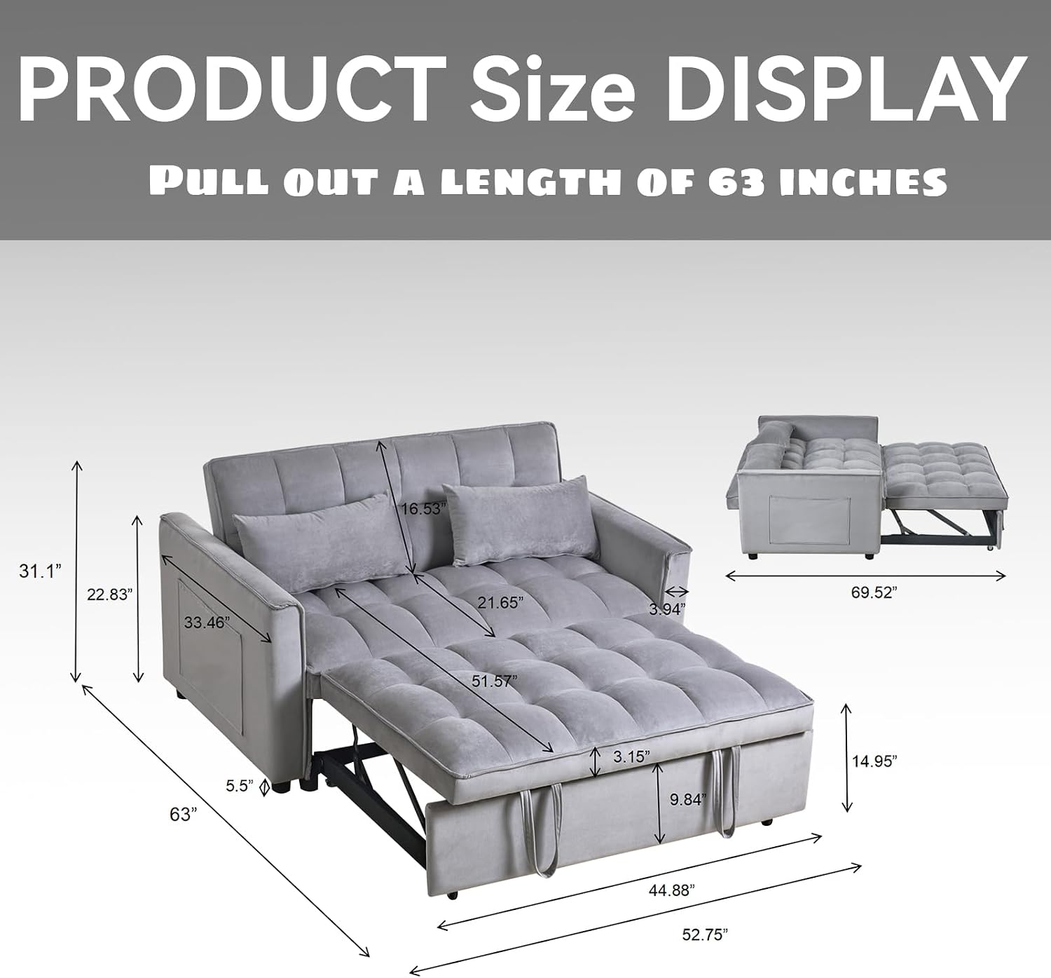 3-in-1 Convertible Sleeper Sofa Bed, 63' Modern Pull Out Couch with Adjustable Reclining Backrest - Velvet Fabric Loveseat for Living Room, Bedroom, Apartment (Gray)