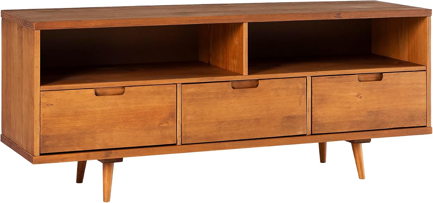 Walker Edison 3-Drawer Mid Century Modern Wood TV Stand for TV's up to 65' Flat Screen Cabinet Door Living Room Storage Entertainment Center, 58 Inch, Caramel