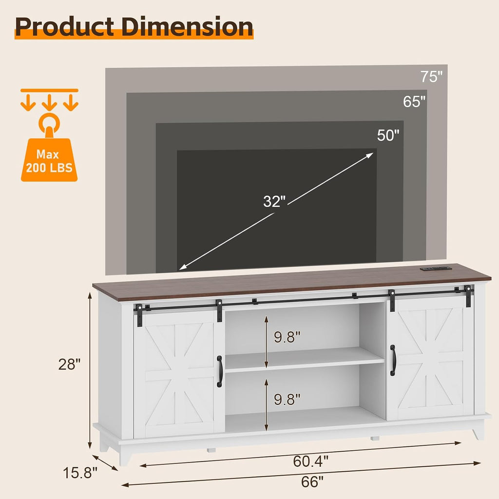 Garvee Home Farmhouse TV Stand for 75 in Television, Wood Entertainment Center with Storage & Barn Doors, Adjustable Shelf Media TV Console Table Cabinet for Living Room, 66 in Large, White