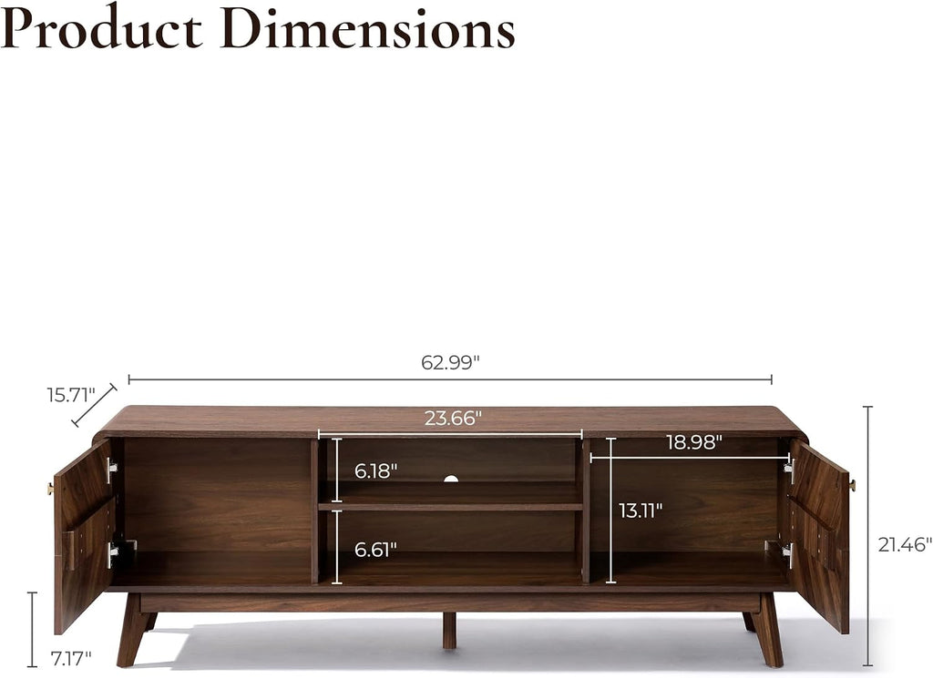 LuxenHome 63' Mid Century Modern TV Stand, TV Stands for Living Room for TVs up to 65', Entertainment Center with Storage, Wood TV Console with Tapered Legs, Television Stands