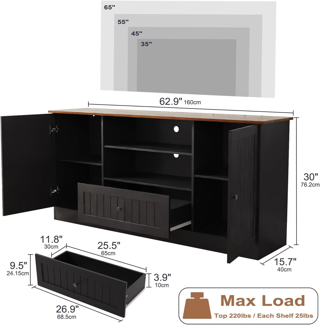Furnify Farmhouse TV Stand for TVs up to 70 Inch, 63 Inch Entertainment Center with Storage Drawer and Open Shelves, Modern Media Console for Living Room, Bedroom, Black