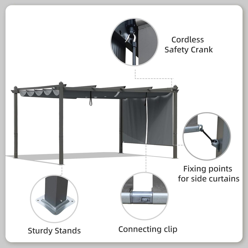 BPS 12x14 FT Outdoor Pergola - Retractable Shade Canopy with Aluminum Frame & Roller Shade Curtains for Patio, Backyard, or Deck, Gray