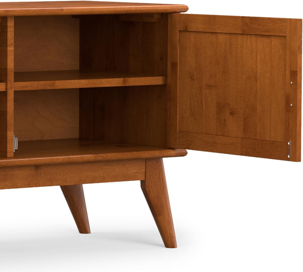 SIMPLIHOME Draper TV Stand - 72 inch Wide Solid Wood Media Console in Teak Brown, Mid Century Modern Entertainment Center for Living Room for TVs up to 80 Inches with Cabinets and Cable Management