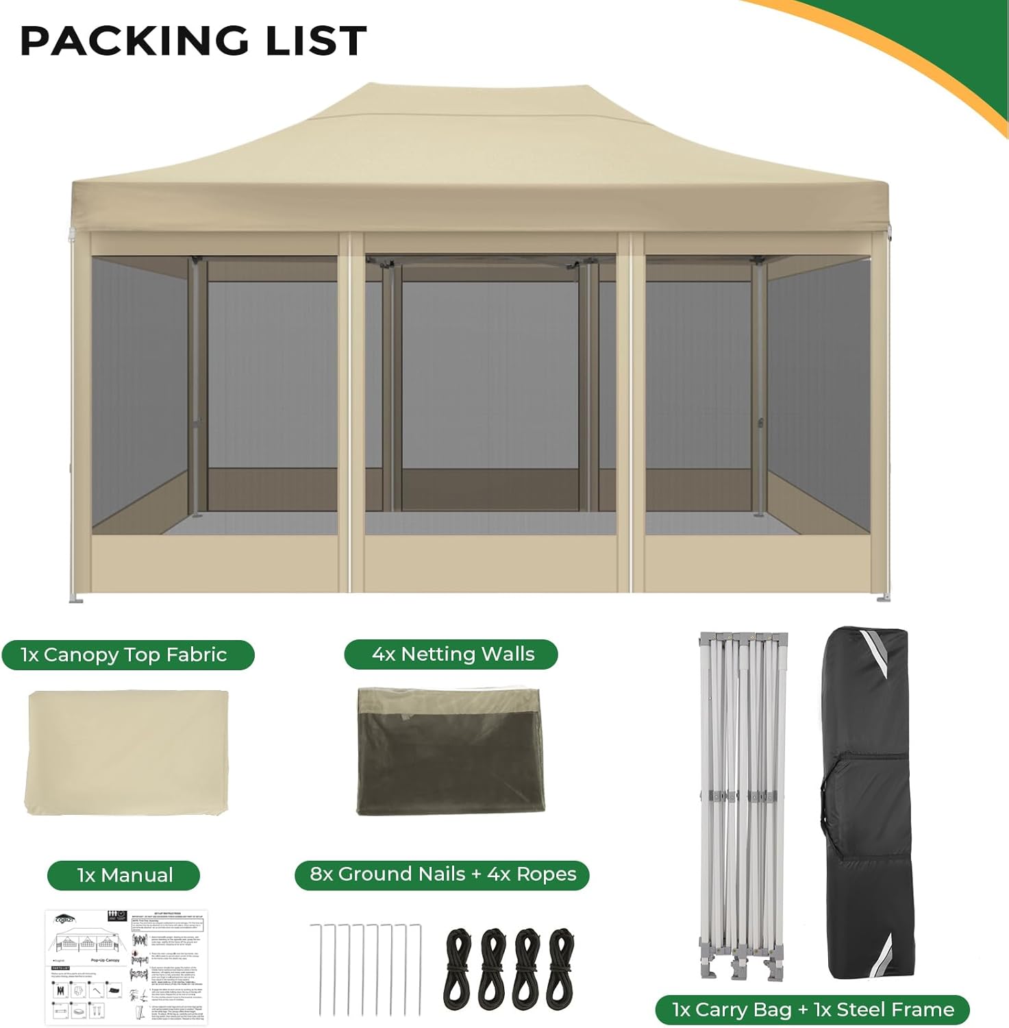 COBIZI 10x15 Heavy Duty Pop Up Canopy Tent with 4 Sidewalls, Commercial Gazebo Party Tent with Mosquito Netting Wall Easy Set Up Outdoor Instant Screen Gazebo for Backyard, Patio, Garden, Khaki