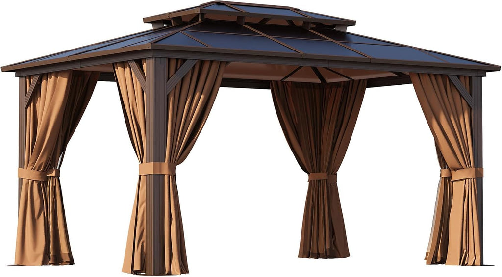 Essential for Courtyard Leisure: 10'x14' Brown Double - top Eaves Polycarbonate Sheet Pavilion, with Enclosure Fabric, Mesh Netting and Insect - Proof Net
