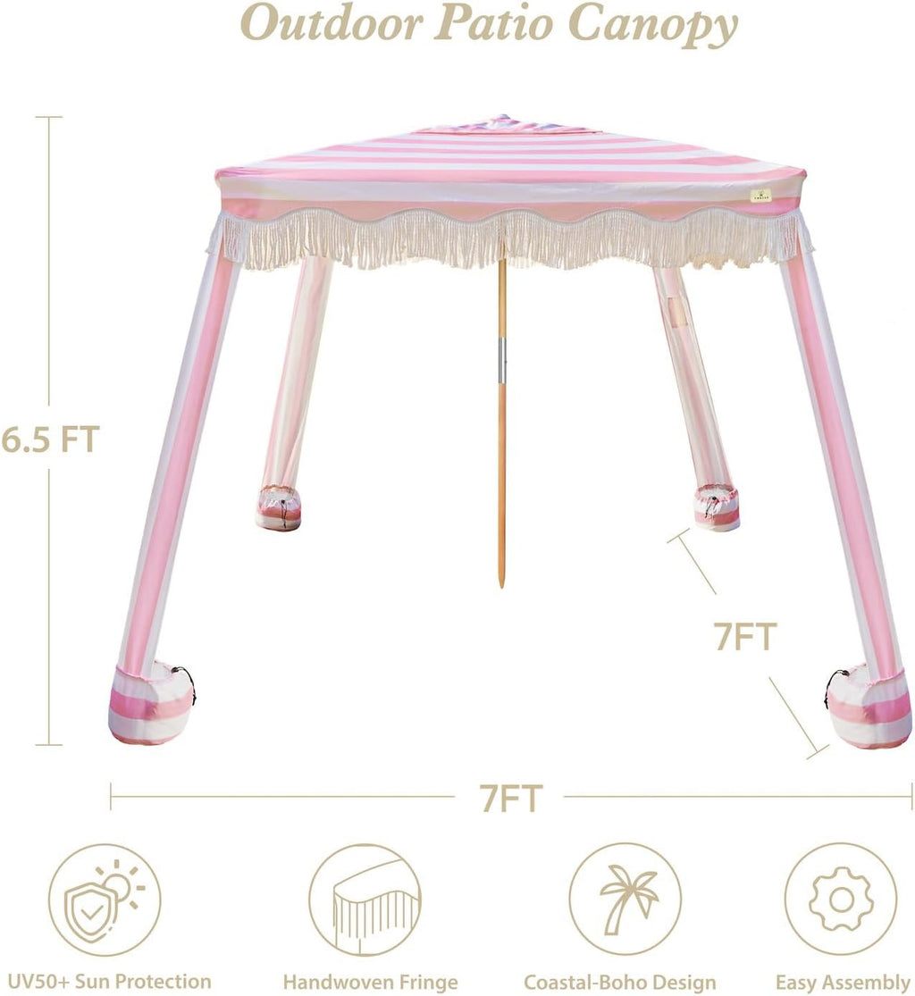 AMMSUN Beach Cabana with Fringe, 7' x 7' Boho Beach Canopy with Tassels, Easy Set up & Premium Wood Pole, Cabana Tent with Sand Pockets, Instant Sun Shade for Sand, Garden, Patio, Rose Stripes