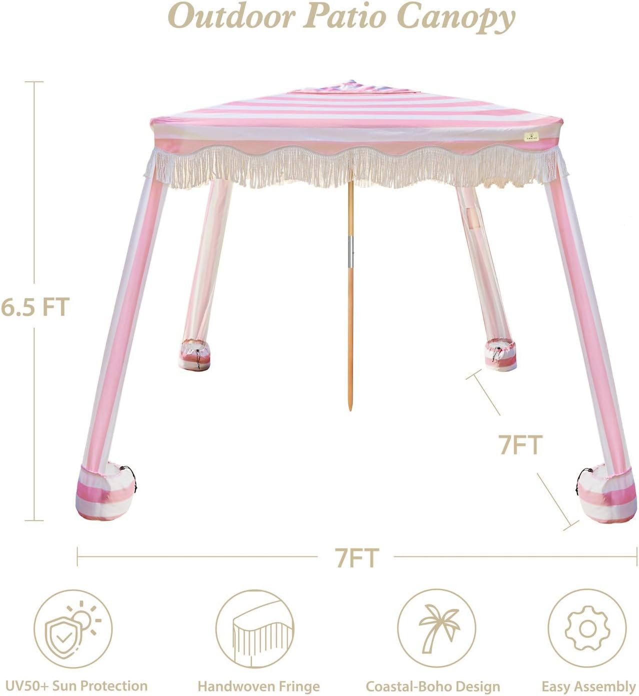 AMMSUN Beach Cabana with Fringe, 7' x 7' Boho Beach Canopy with Tassels, Easy Set up & Premium Wood Pole, Cabana Tent with Sand Pockets, Instant Sun Shade for Sand, Garden, Patio, Rose Stripes