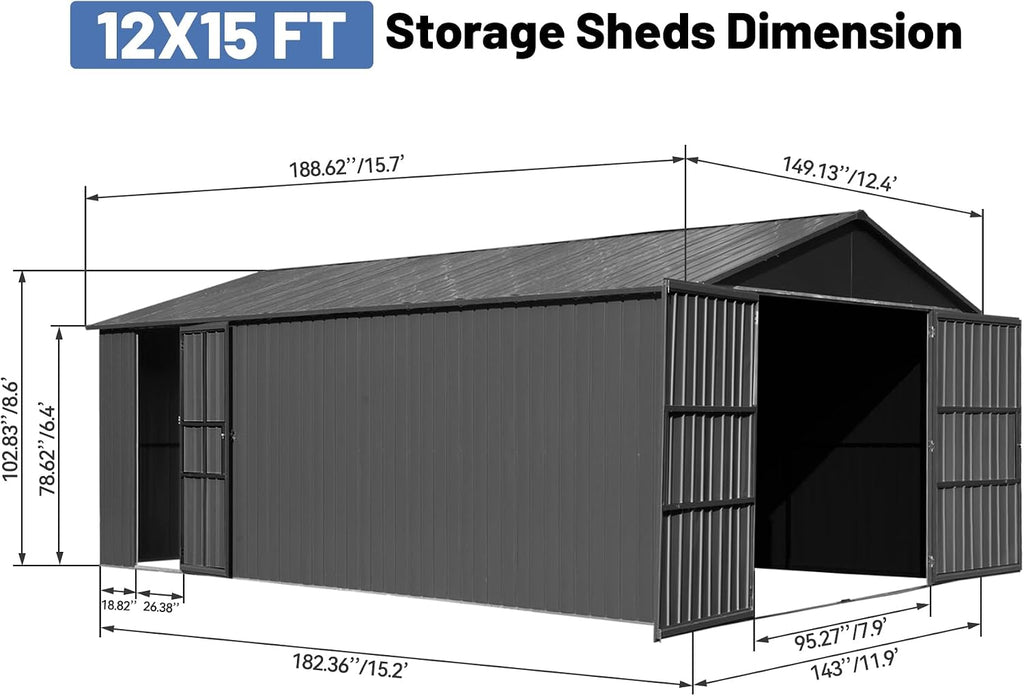 12x15FT Metal Carport, Heavy Duty Metal Garage with 2 Lockable Doors, Metal Steel Storage Shed, Metal Shed, Car Garage, Outdoor Large Garage for RV, Truck & Lawnmower -Dark Grey