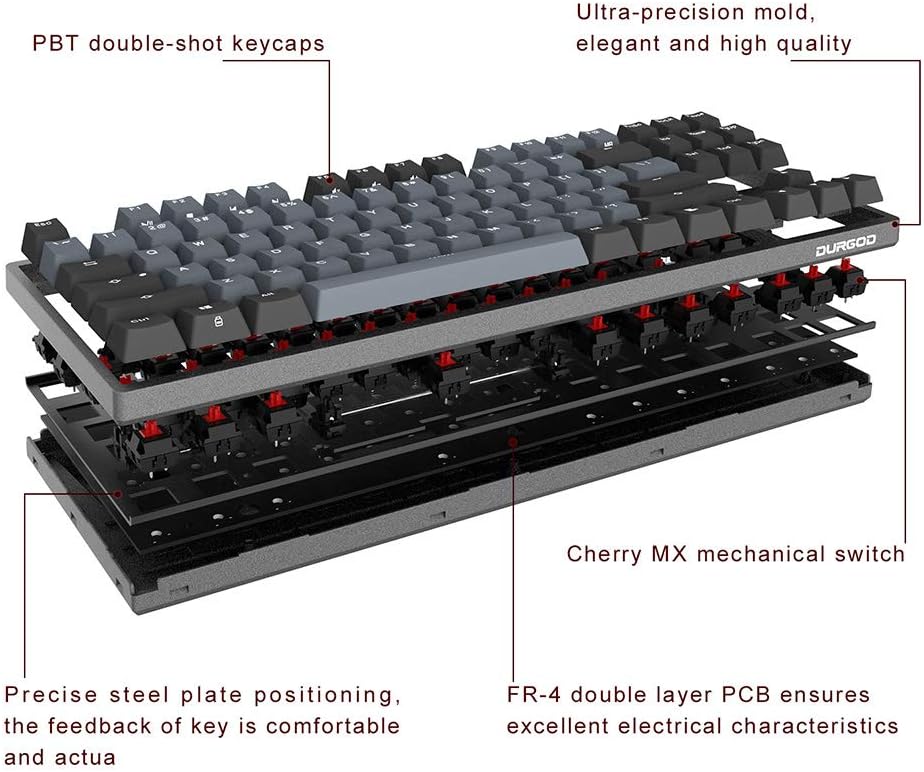 DURGOD Gaming Mechanical Keyboard with Cherry MX Silent Red Switches - 104 Key - Double Shot PBT - NKRO - USB Type C - for Gamer/Typist(Space Gray,ANSI/US)