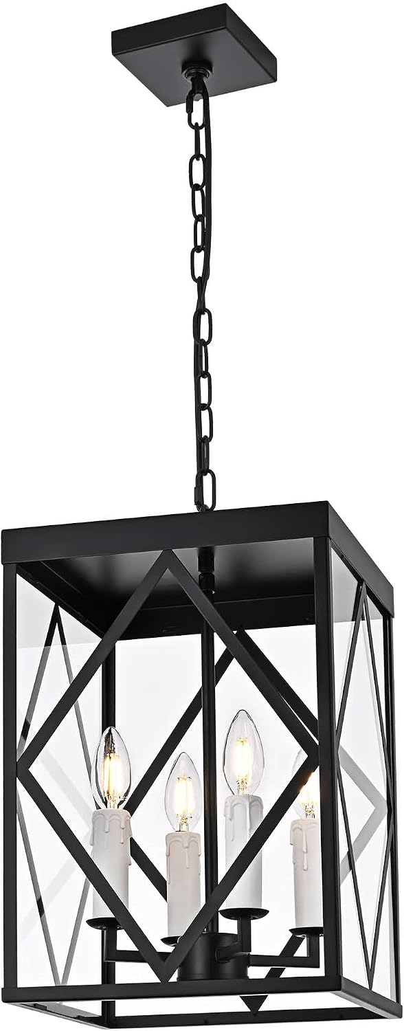 Black Exterior Pendant Lights for Porch with Clear Glass 4 Light Adjustable Hanging Lamp Farmhouse Lantern Porch Light Exterior Chandelier Ceiling Mount for Entrance Patio, White Candle Socket