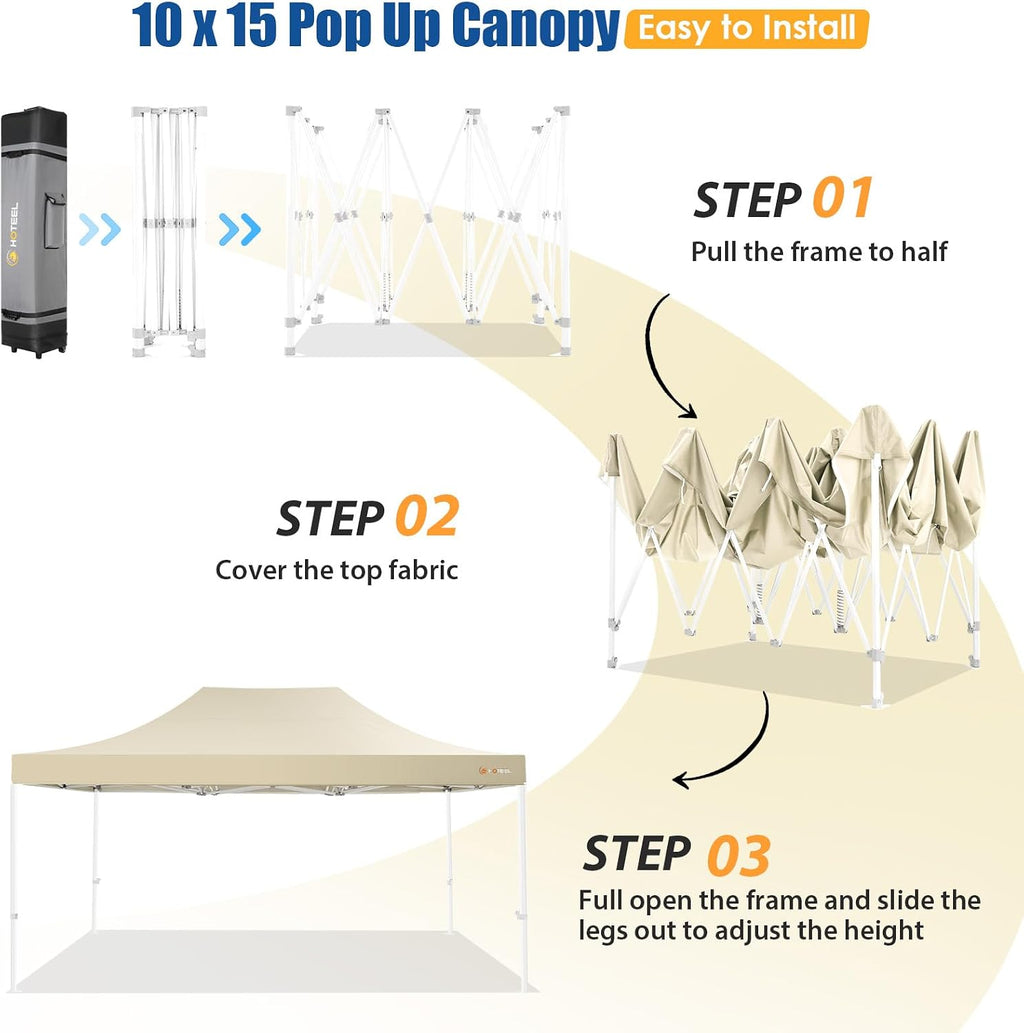 HOTEEL 10x15 Pop up Canopy Tent for Parties, Heavy Duty Easy Setup Tent Without Sidewalls, Outdoor Commercial Instant Gazebo for Wedding Event, with Roller Bag & Sand Bags, Khaki(Hexagonal Frame)