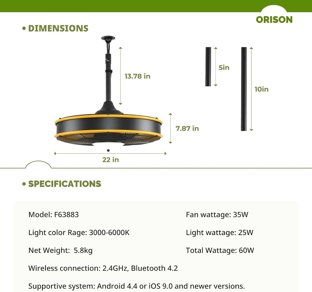 Orison 22'' Outdoor Ceiling Fans with Lights, Wet Rated Gazebo Fan with Remote, Plug in Hanging Fan for Patio Waterproof, App Controll (Yellow(black blades))