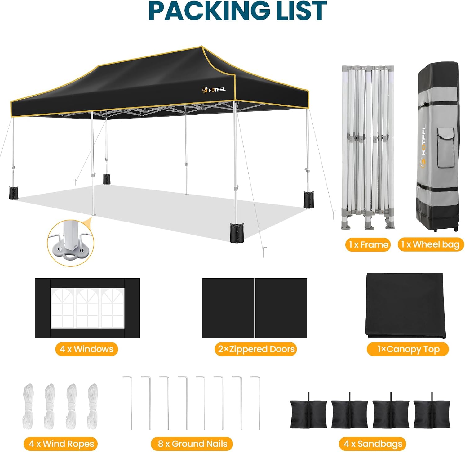 Hoteel 10x20 Pop Up Canopy Tent Heavy Duty with 6 Sidewalls, Waterproof Party Tent, Easy Set-up Commercial Instant Tents with Roller Bag & Sandbags, Hexagonal Leg (1-Year Warranty)