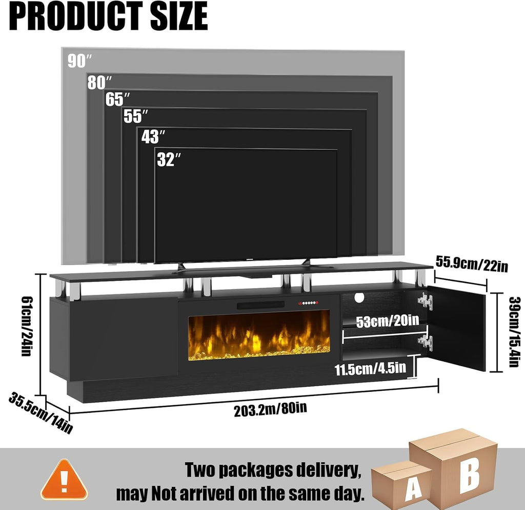 PRETZI 80' Modern Fireplace TV Stand with 36' Electric Fireplace for TVs Up to 90 inch, Luxury LED Light Entertainment Center with High Gloss Cabinet, TV Consoles for Living Room, Black
