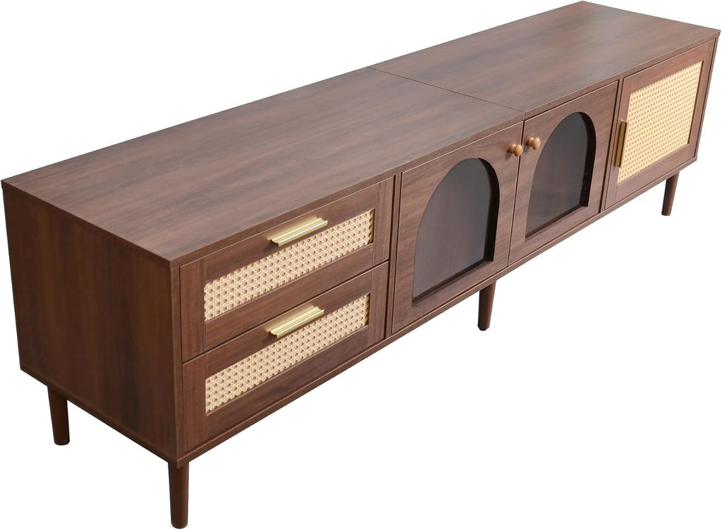 Rattan TV Stand with 3 Cabinets & 2 Drawers, LED Media Console Table for TVs up to 80'', TV Cabinet for Living Room, Entertainment Center，Bedroom, Home Theatre