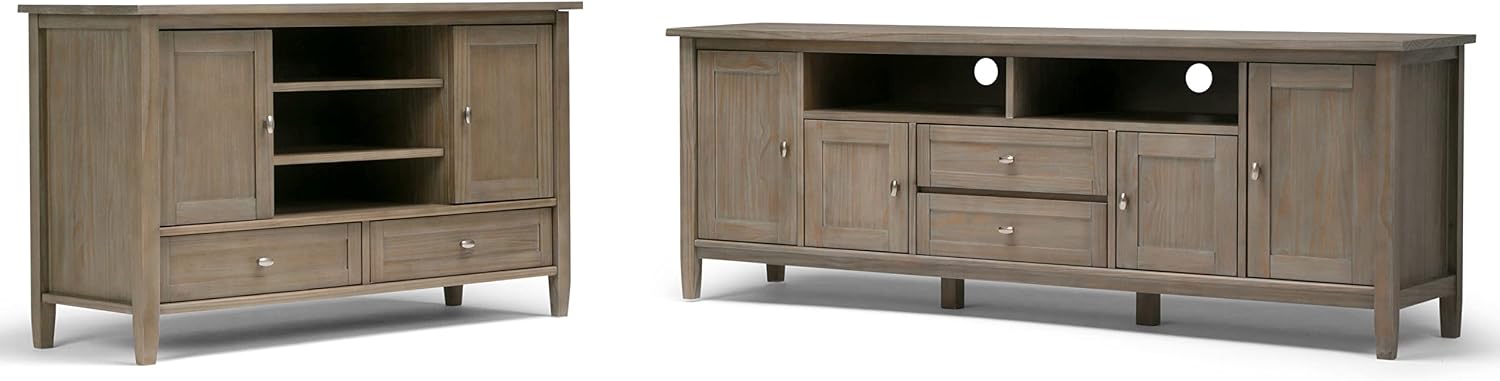 SIMPLIHOME Warm Shaker TV Stand - 47 inch Wide Solid Wood Media Console in Distressed Grey, Transitional Entertainment Center for TVs up to 50 Inches with 2 Cabinets, 2 Drawers, and Cord Management