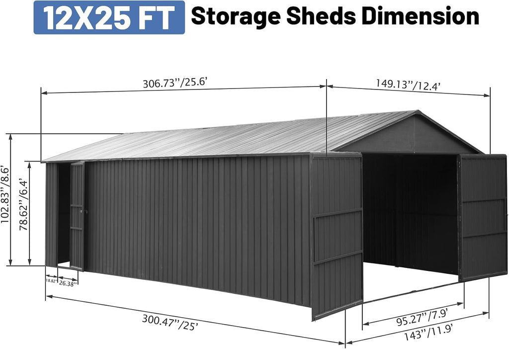 12x25FT Metal Carport, Heavy Duty Metal Garage with 2 Lockable Doors, Metal Steel Storage Shed, Metal Shed, Car Garage, Outdoor Large Garage for RV, Truck & Lawnmower -Dark Grey
