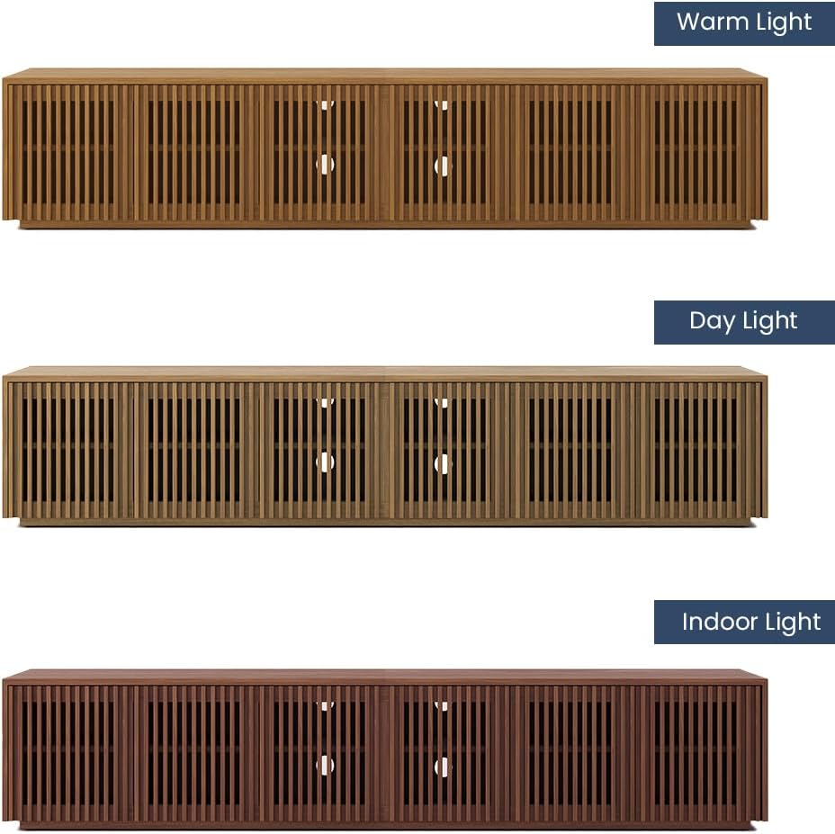 POVISON Full Assembled Mid Century Modern TV Stand, Wood Slatted Media Console for 75+ inch TV, Entertainment Center with Storage for Living Room, Low Cabinet with Removable Shelves
