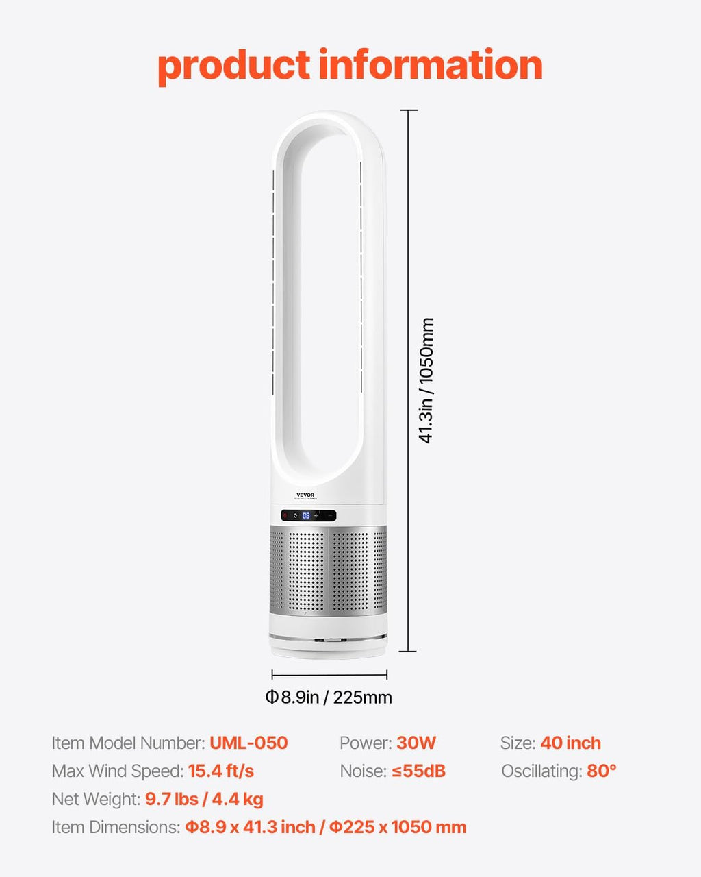 VEVOR Tower Fan Bladeless, 15.4ft/s Velocity Floor Fan that Blows Cold Air, 80° Oscillating 8-Speed Fans, 8H Timer, Standing Fans with H13 HEPA Filtration, Remote Control & Air Purification Mode