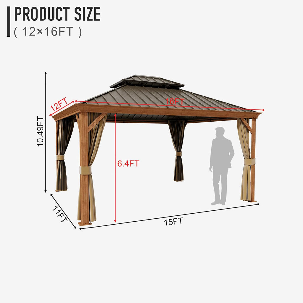 12'x16' Hardtop Gazebo, Outdoor Aluminum Patio Gazebo Double Roof Galvanized Steel Canopy Wooden Finish Coated with Netting and Curtains for Garden, Backyard, Deck and Lawns.