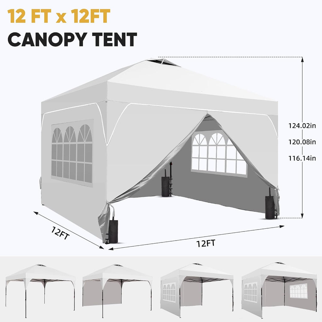 GDY 12x12FT Pop Up Canopy Tent with One Push Setup, Easy to Install with 4-Sidewalls for Events, Parties, Camping, Outdoor Gazebo with 4-Sandbags and Wheel Bag, White.