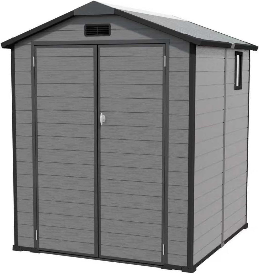 6x6 ft Outdoor Resin Storage Shed with Floor, Waterproof Plastic Garden Shed with Lockable Door, 2 Side Windows and Full-Length Ridge Skylight, All-Weather Tool Sheds for Backyard, Patio, Lawn