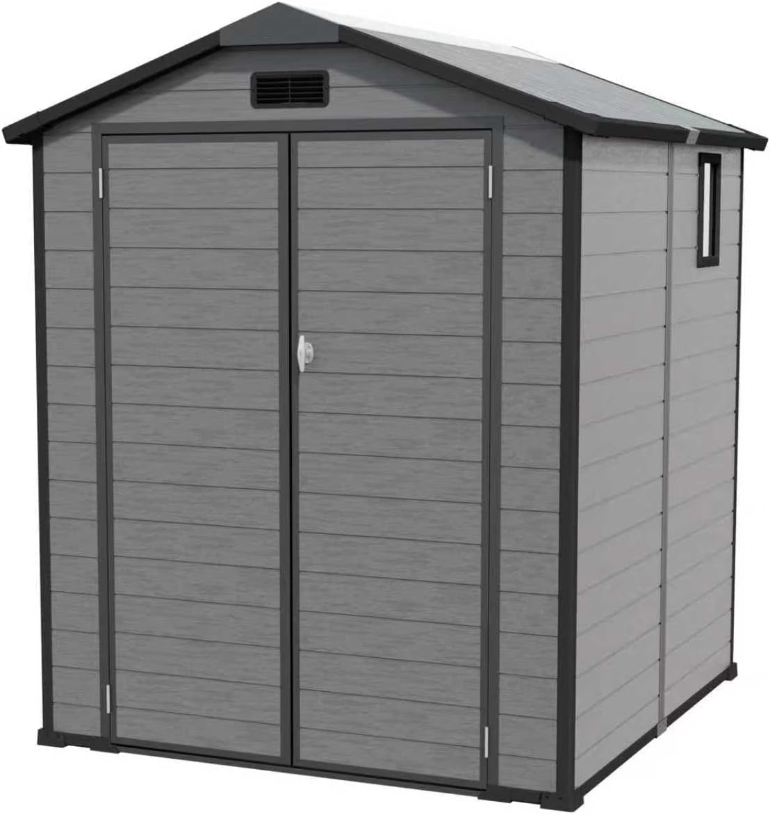 6x6 ft Outdoor Resin Storage Shed with Floor, Waterproof Plastic Garden Shed with Lockable Door, 2 Side Windows and Full-Length Ridge Skylight, All-Weather Tool Sheds for Backyard, Patio, Lawn