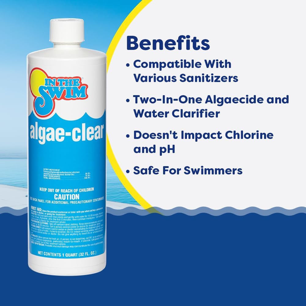 In The Swim Algae-Clear for Above Ground or Inground Swimming Pools - Powerful, Non-Foaming Algaecide and Water Clarifier - Removes Green, Yellow/Mustard, and Black Algae - 1 Gallon