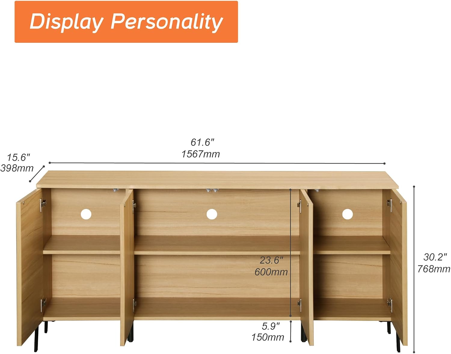 WAMPAT 61.6' TV Stand Cabinets for TVs up to 70 Inches, Entertainment Center with Storage Cabinets and 4 Doors, Mid Century Modern Media TV Console Table for Living Room Bedroom, Oak