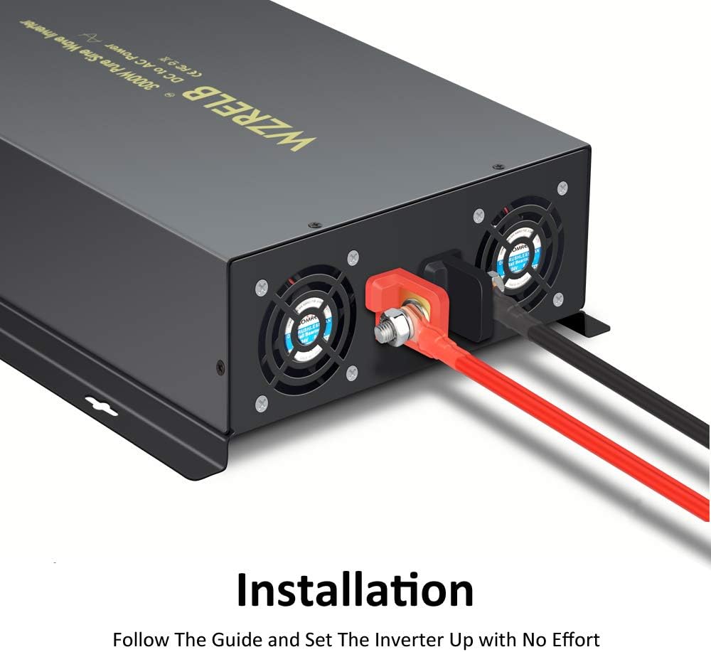 WZRELB 3000W 12VDC 120VAC Pure Sine Wave Power Inverter with 2 AC Outlets Wired Remote Control Car Inverter (RBP-300012WR)