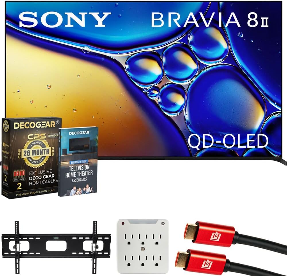 Sony K55XR80M2 BRAVIA 8 II 55' QD-OLED 4K HDR TV (2025) Bundle with CPS Exclusive 26 Month Protection, Wall Mount, 2X HDMI Cables, Surge Adapter & Deco Gear Complete Home Theater Beginner's Guidebook