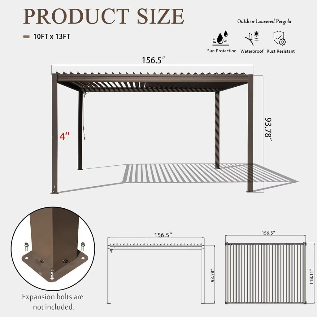 Domi Outdoor Louvered Pergola 10x13FT with Adjustable Steel Roof, Outdoor Aluminum Frame Rainproof Pergola for Backyard, Garden and Lawn,Brown