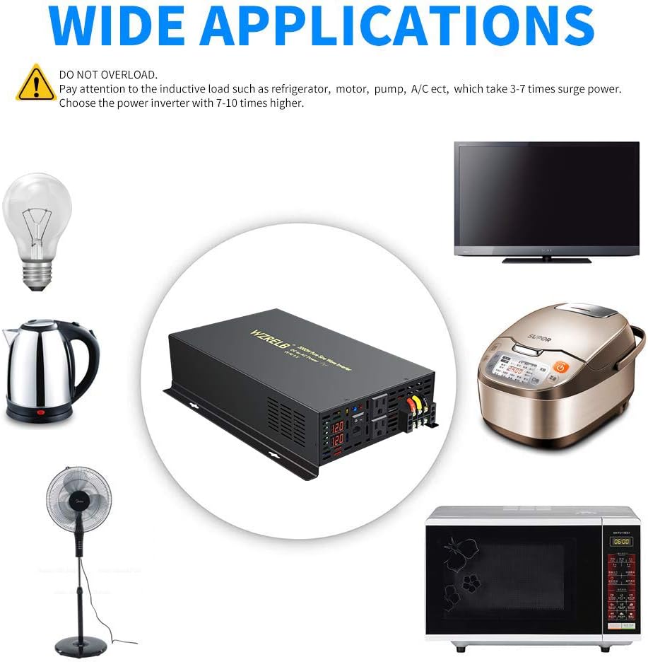 WZRELB 3000W 12VDC 120VAC Pure Sine Wave Power Inverter with 2 AC Outlets Wired Remote Control Car Inverter (RBP-300012WR)