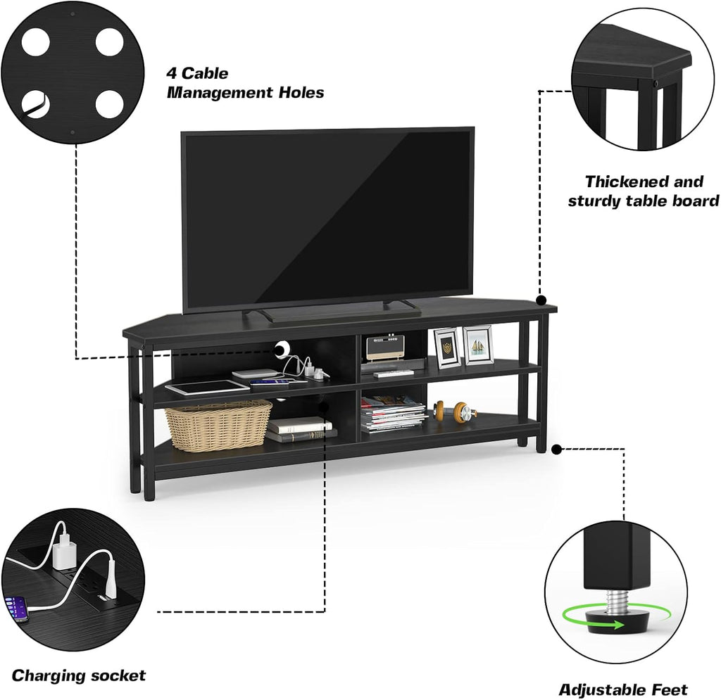Unikito Corner TV Stand With Power Outlet, Corner Entertainment Center Corner TV Table With 4 Open Storage Corner TV Cabinet Wood TV Stand For Living Room,Bedroom Corner TV Stand For 55 inch TV, Black