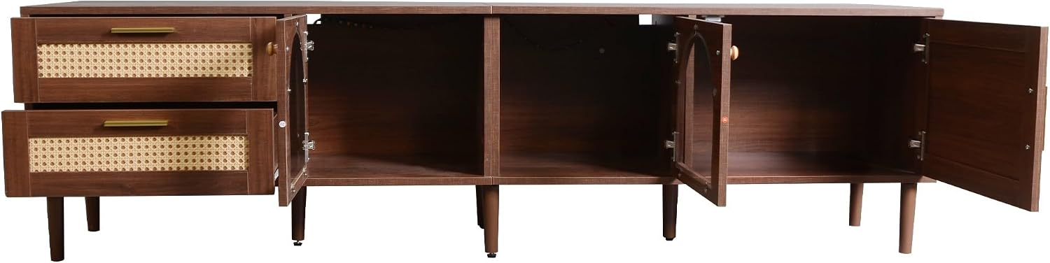 Rattan TV Stand with 3 Cabinets & 2 Drawers, LED Media Console Table for TVs up to 80'', TV Cabinet for Living Room, Entertainment Center，Bedroom, Home Theatre