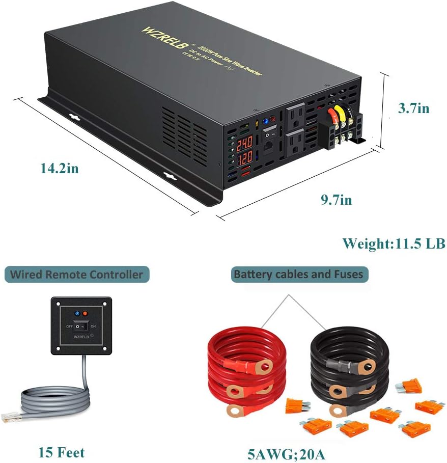 WZRELB 2000W 24VDC 120VAC Pure Sine Wave Power Inverter with 2 AC Outlets Wired Remote Control Car Inverter (RBP-200024WR)