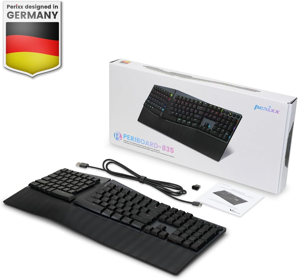 Perixx PERIBOARD-835BR Wireless Ergonomic Mechanical Keyboard - RGB Backlit - Low-Profile Brown Tactile Switches - Multi-Device Connection - Compatible with Windows and Mac OS X - US English