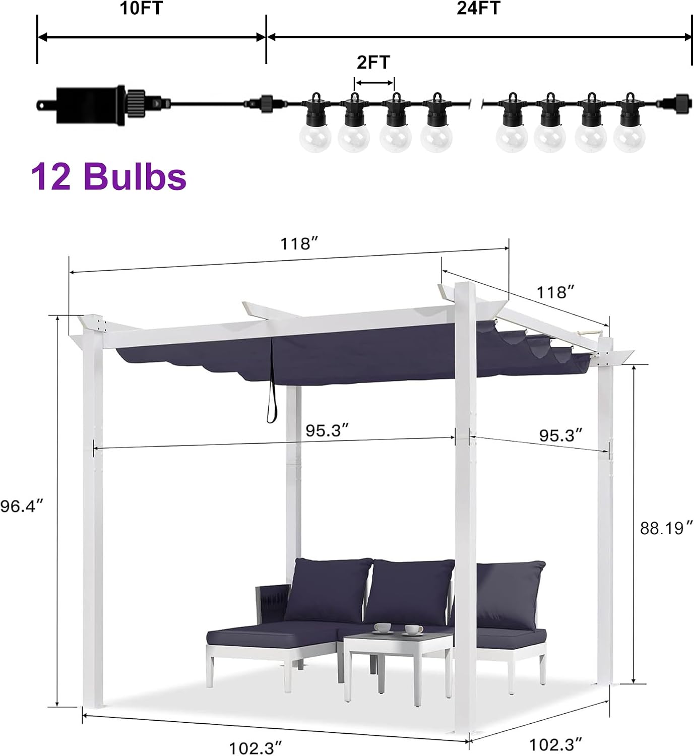 PURPLE LEAF 10' x 10' Outdoor Aluminum Pergola White Heavy-Duty Retractable Pergolas Patio Metal Pergola with Double Sun Shade Canopy and Light for Backyard Gardens Deck, Navy Blue