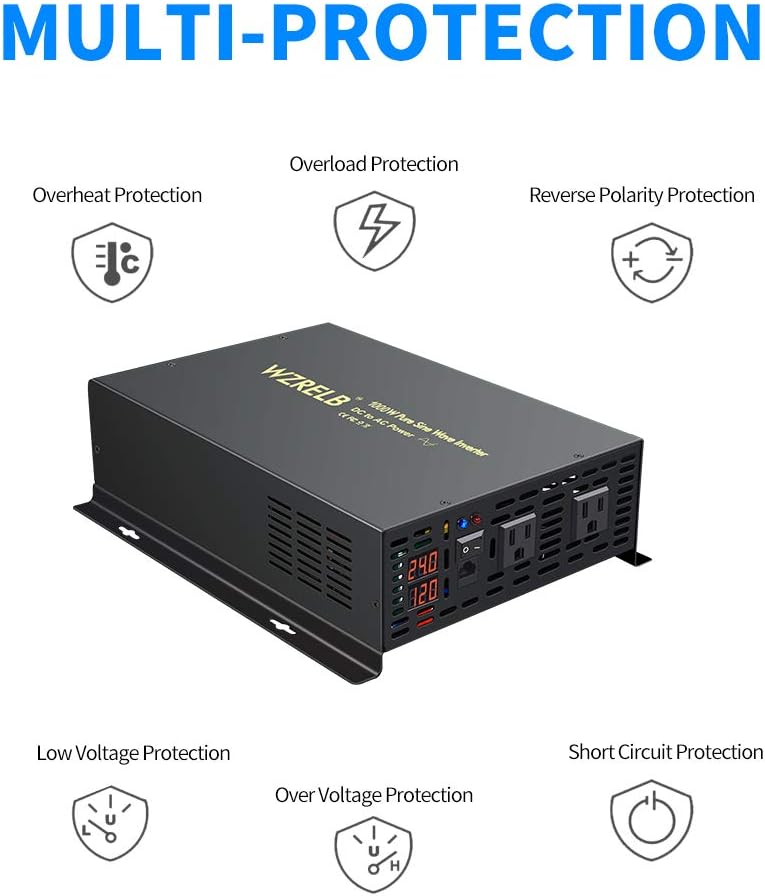 WZRELB 1000W 24VDC 120VAC Pure Sine Wave Power Inverter with 2 AC Outlets Wired Remote Control Car Inverter (RBP-100024WR)
