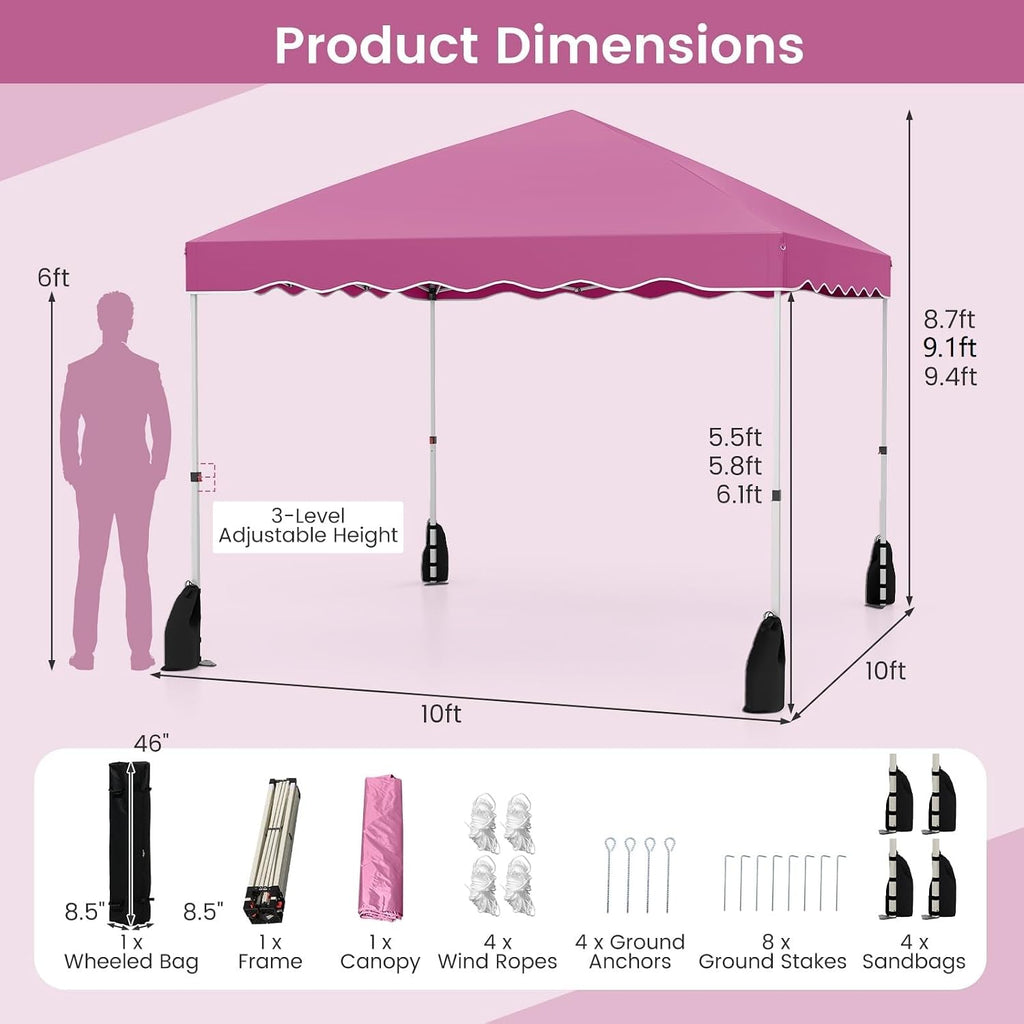 Goplus 10x10 FT Pop Up Canopy, Easy Up UPF50+ Outdoor Shade Canopy with Wheeled Bag, 8 Stakes, 4 Anchors, 4 Wind Ropes, 4 Sandbags, Portable Patio Canopy Tent for Party Camping Event